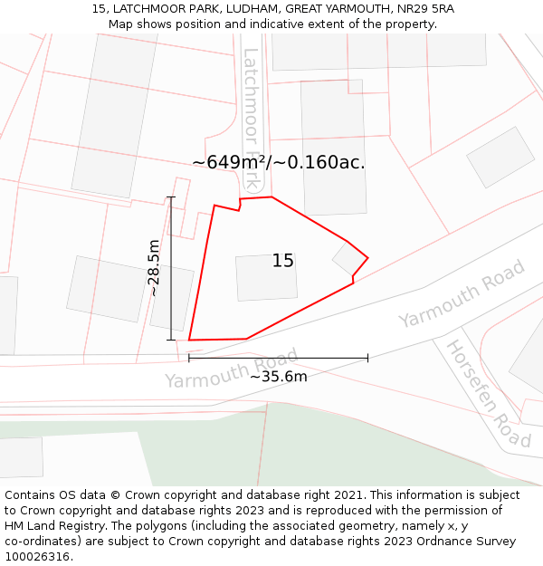 15, LATCHMOOR PARK, LUDHAM, GREAT YARMOUTH, NR29 5RA: Plot and title map
