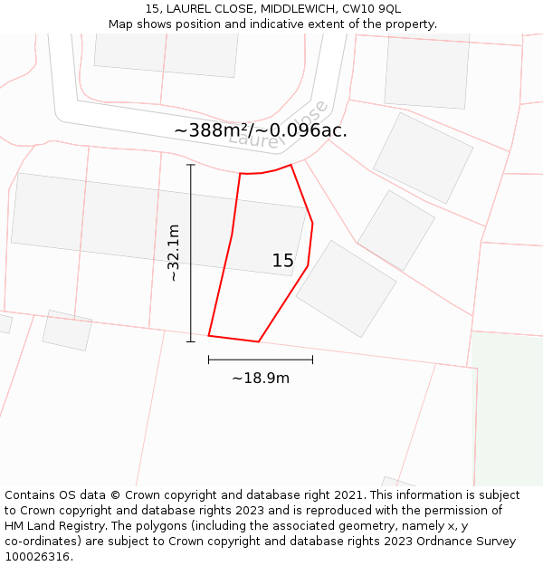 15, LAUREL CLOSE, MIDDLEWICH, CW10 9QL: Plot and title map