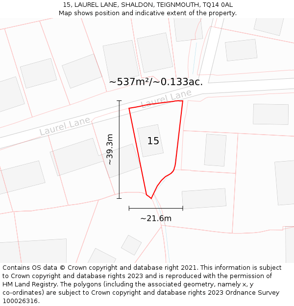 15, LAUREL LANE, SHALDON, TEIGNMOUTH, TQ14 0AL: Plot and title map