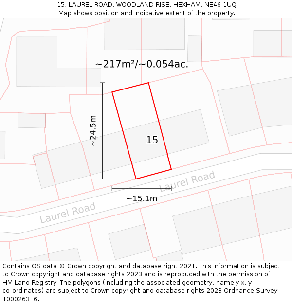 15, LAUREL ROAD, WOODLAND RISE, HEXHAM, NE46 1UQ: Plot and title map