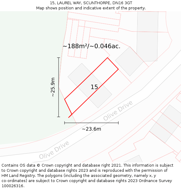 15, LAUREL WAY, SCUNTHORPE, DN16 3GT: Plot and title map