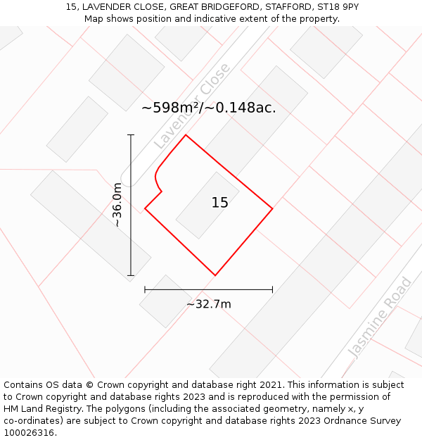 15, LAVENDER CLOSE, GREAT BRIDGEFORD, STAFFORD, ST18 9PY: Plot and title map