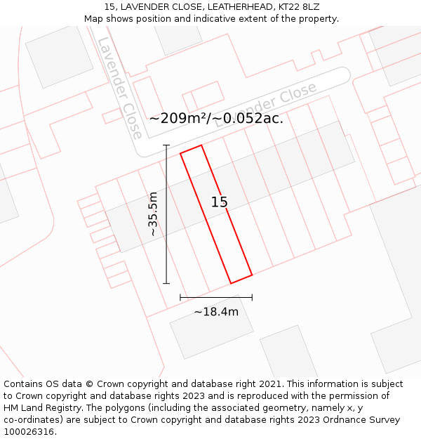 15, LAVENDER CLOSE, LEATHERHEAD, KT22 8LZ: Plot and title map