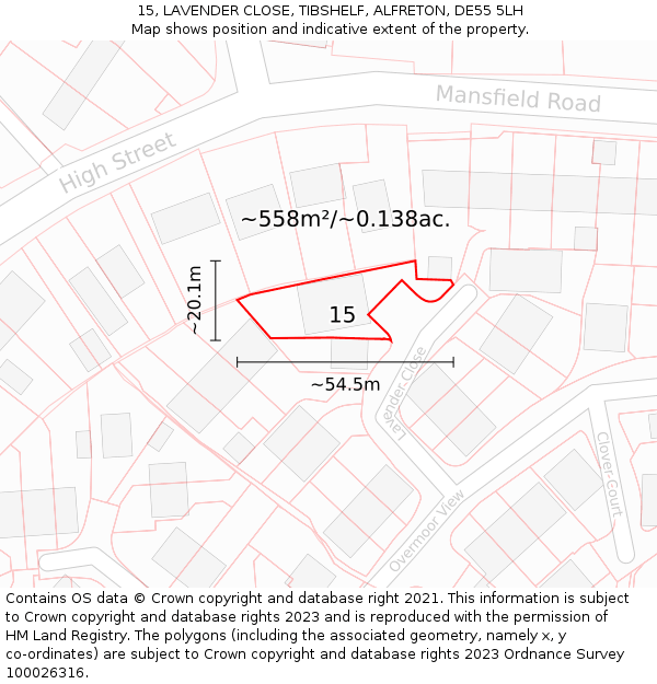 15, LAVENDER CLOSE, TIBSHELF, ALFRETON, DE55 5LH: Plot and title map