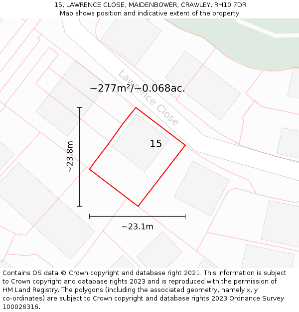 15, LAWRENCE CLOSE, MAIDENBOWER, CRAWLEY, RH10 7DR: Plot and title map