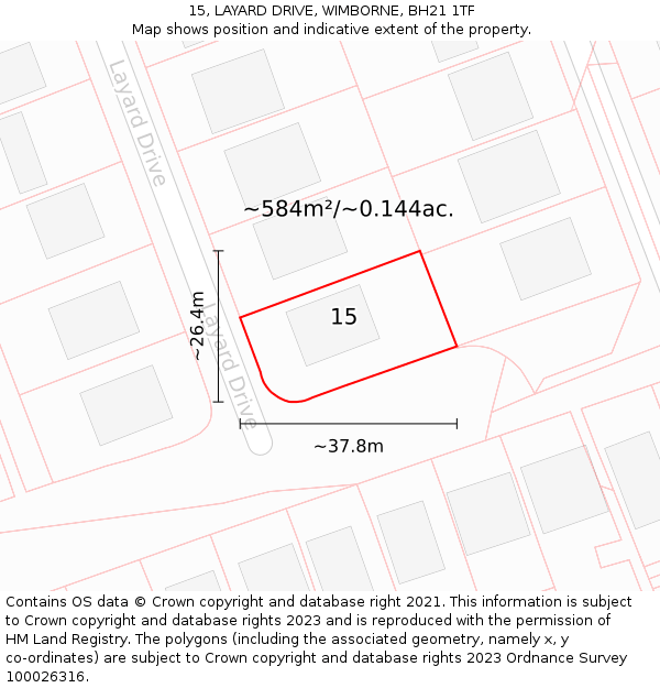 15, LAYARD DRIVE, WIMBORNE, BH21 1TF: Plot and title map