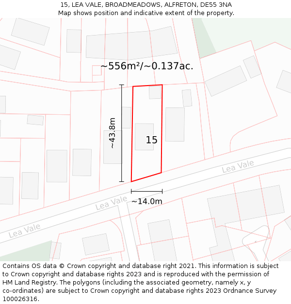 15, LEA VALE, BROADMEADOWS, ALFRETON, DE55 3NA: Plot and title map