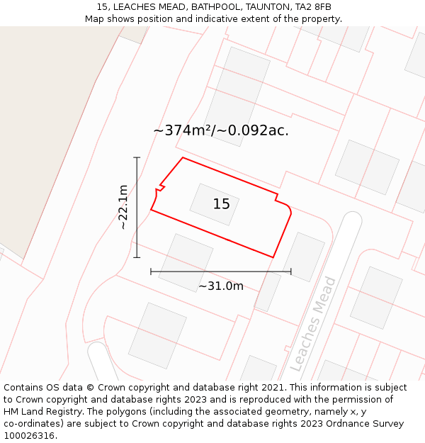 15, LEACHES MEAD, BATHPOOL, TAUNTON, TA2 8FB: Plot and title map