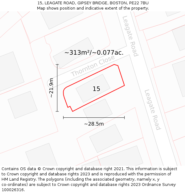 15, LEAGATE ROAD, GIPSEY BRIDGE, BOSTON, PE22 7BU: Plot and title map