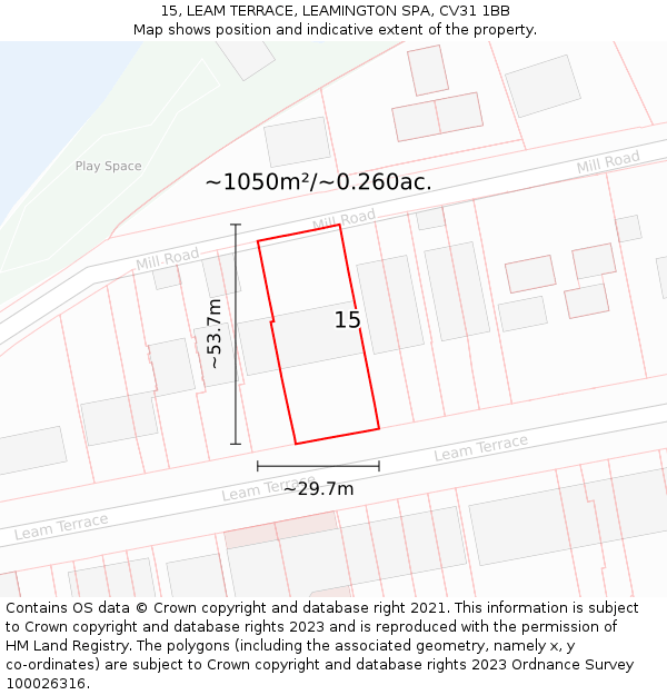 15, LEAM TERRACE, LEAMINGTON SPA, CV31 1BB: Plot and title map