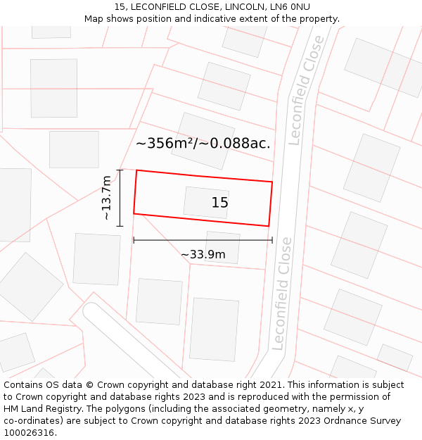 15, LECONFIELD CLOSE, LINCOLN, LN6 0NU: Plot and title map