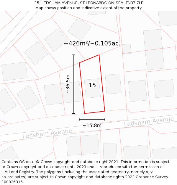 15, LEDSHAM AVENUE, ST LEONARDS-ON-SEA, TN37 7LE: Plot and title map