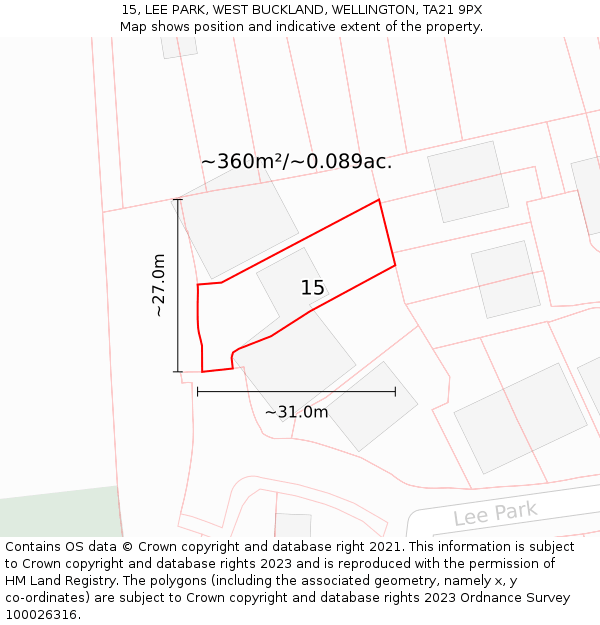 15, LEE PARK, WEST BUCKLAND, WELLINGTON, TA21 9PX: Plot and title map