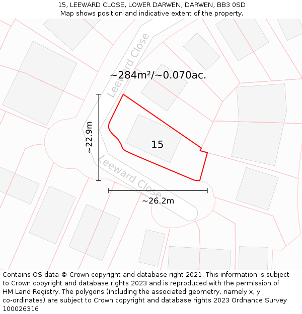15, LEEWARD CLOSE, LOWER DARWEN, DARWEN, BB3 0SD: Plot and title map