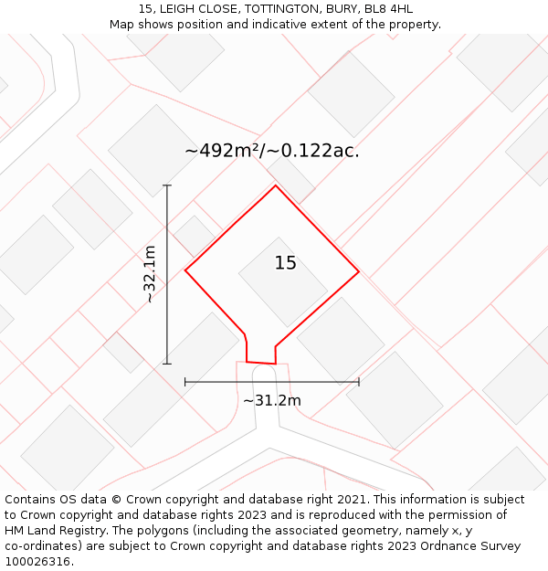 15, LEIGH CLOSE, TOTTINGTON, BURY, BL8 4HL: Plot and title map
