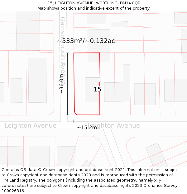 15, LEIGHTON AVENUE, WORTHING, BN14 8QP: Plot and title map