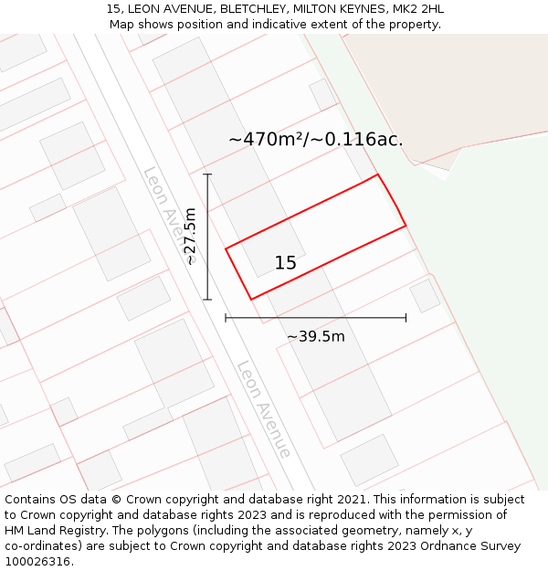 15, LEON AVENUE, BLETCHLEY, MILTON KEYNES, MK2 2HL: Plot and title map