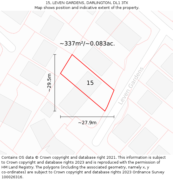 15, LEVEN GARDENS, DARLINGTON, DL1 3TX: Plot and title map