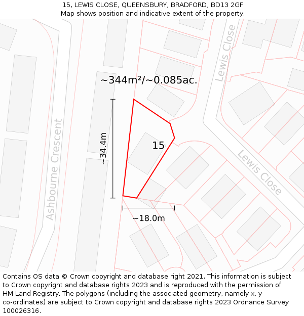 15, LEWIS CLOSE, QUEENSBURY, BRADFORD, BD13 2GF: Plot and title map