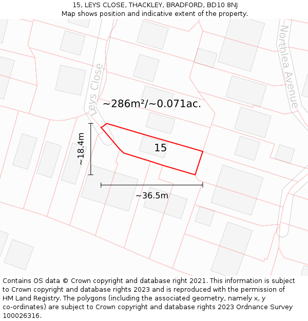 15, LEYS CLOSE, THACKLEY, BRADFORD, BD10 8NJ: Plot and title map