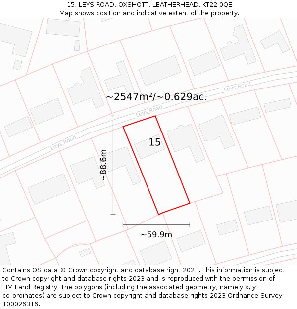 15, LEYS ROAD, OXSHOTT, LEATHERHEAD, KT22 0QE: Plot and title map