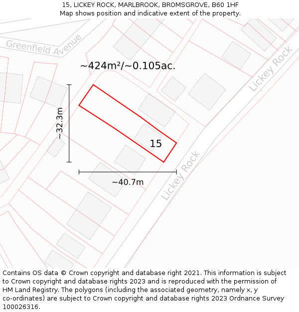 15, LICKEY ROCK, MARLBROOK, BROMSGROVE, B60 1HF: Plot and title map