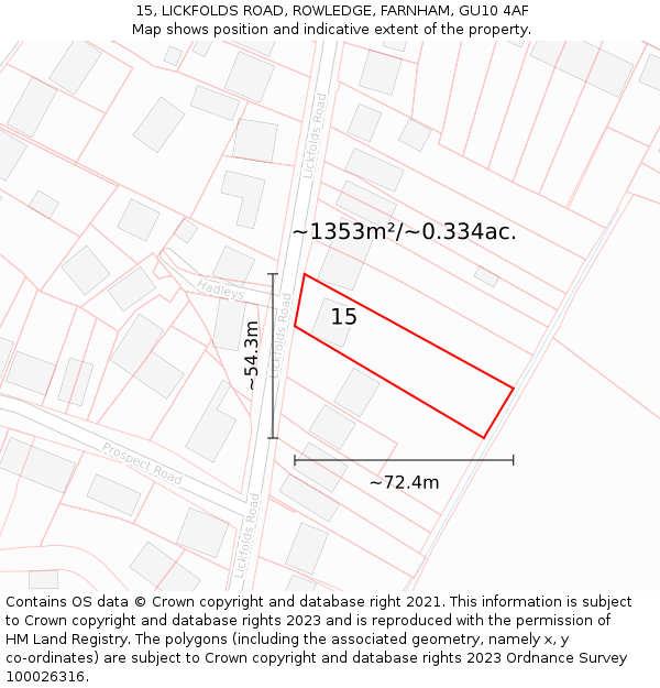 15, LICKFOLDS ROAD, ROWLEDGE, FARNHAM, GU10 4AF: Plot and title map