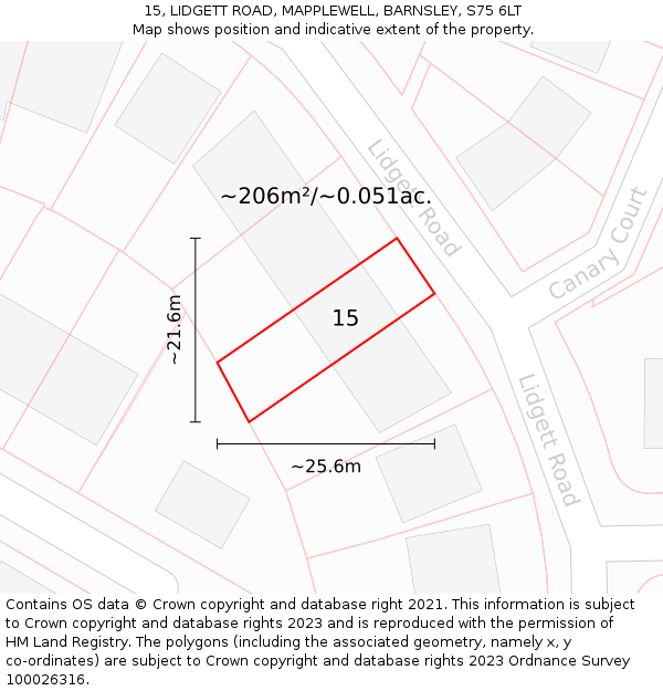 15, LIDGETT ROAD, MAPPLEWELL, BARNSLEY, S75 6LT: Plot and title map