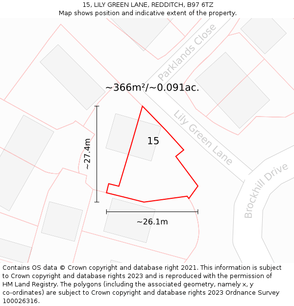 15, LILY GREEN LANE, REDDITCH, B97 6TZ: Plot and title map