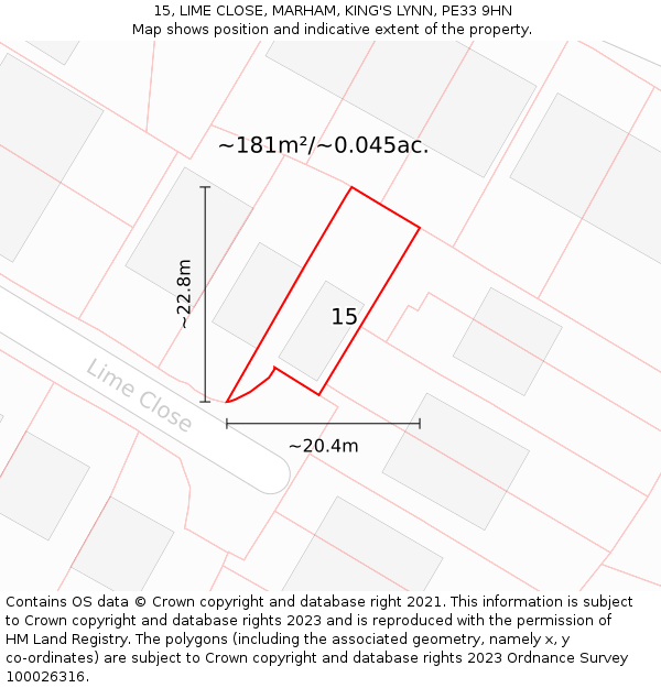 15, LIME CLOSE, MARHAM, KING'S LYNN, PE33 9HN: Plot and title map