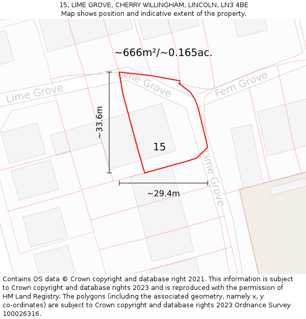 15, LIME GROVE, CHERRY WILLINGHAM, LINCOLN, LN3 4BE: Plot and title map