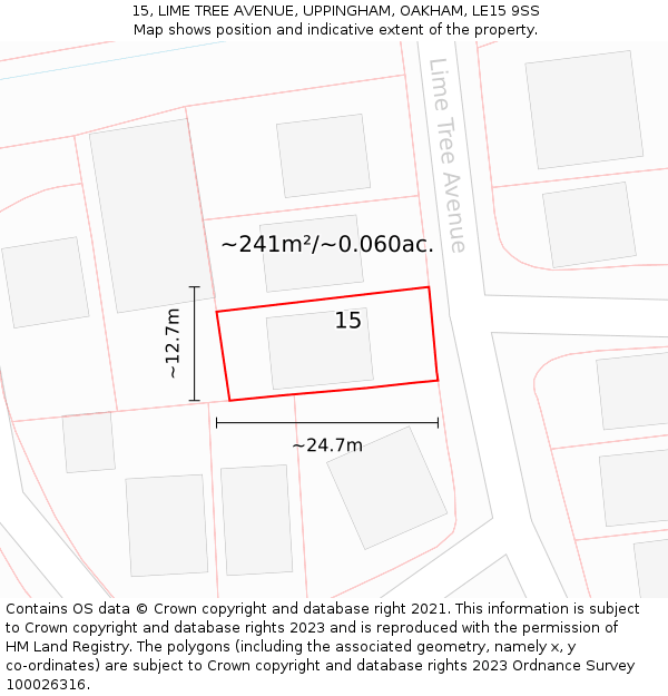 15, LIME TREE AVENUE, UPPINGHAM, OAKHAM, LE15 9SS: Plot and title map