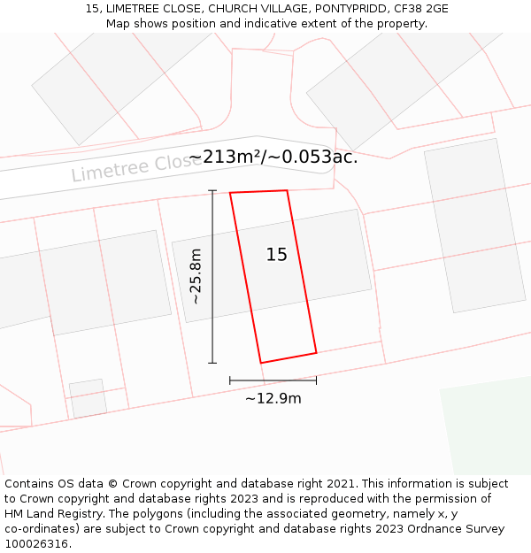 15, LIMETREE CLOSE, CHURCH VILLAGE, PONTYPRIDD, CF38 2GE: Plot and title map