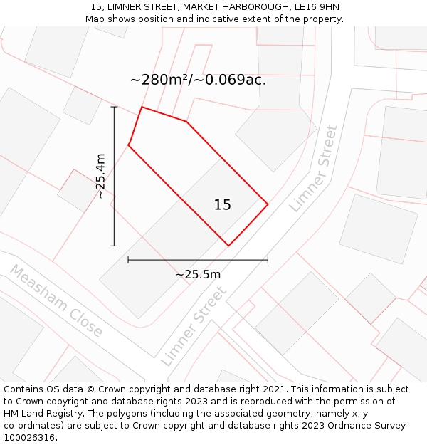15, LIMNER STREET, MARKET HARBOROUGH, LE16 9HN: Plot and title map