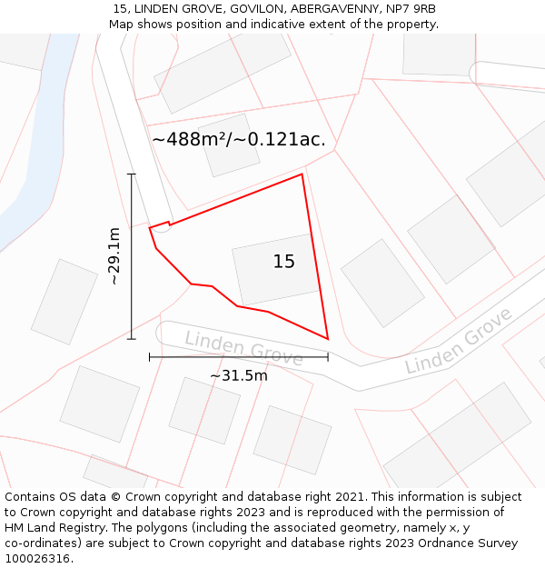 15, LINDEN GROVE, GOVILON, ABERGAVENNY, NP7 9RB: Plot and title map
