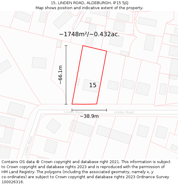 15, LINDEN ROAD, ALDEBURGH, IP15 5JQ: Plot and title map