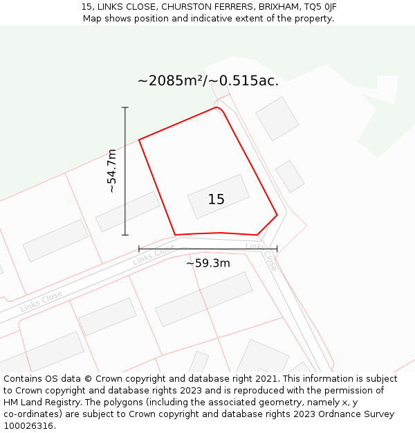 15, LINKS CLOSE, CHURSTON FERRERS, BRIXHAM, TQ5 0JF: Plot and title map