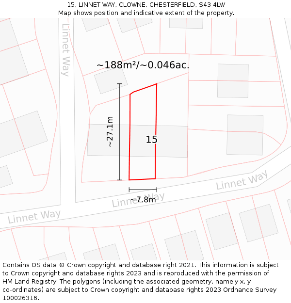 15, LINNET WAY, CLOWNE, CHESTERFIELD, S43 4LW: Plot and title map