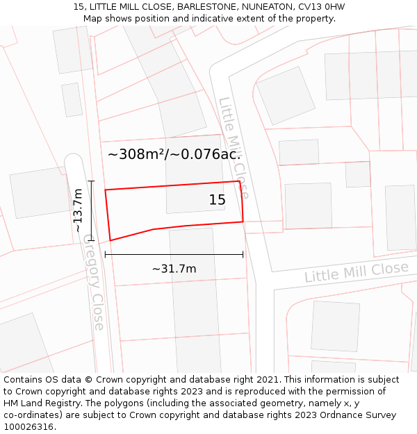 15, LITTLE MILL CLOSE, BARLESTONE, NUNEATON, CV13 0HW: Plot and title map