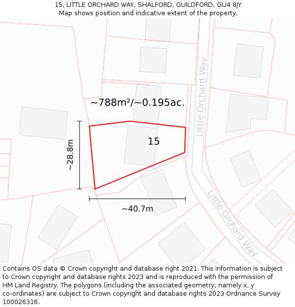 15, LITTLE ORCHARD WAY, SHALFORD, GUILDFORD, GU4 8JY: Plot and title map