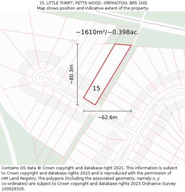 15, LITTLE THRIFT, PETTS WOOD, ORPINGTON, BR5 1NQ: Plot and title map