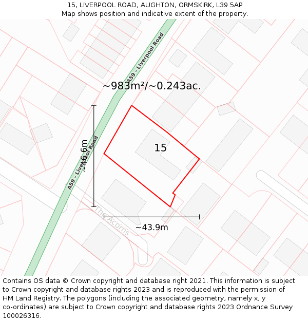 15, LIVERPOOL ROAD, AUGHTON, ORMSKIRK, L39 5AP: Plot and title map