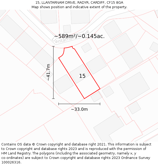 15, LLANTARNAM DRIVE, RADYR, CARDIFF, CF15 8GA: Plot and title map