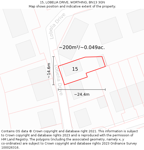 15, LOBELIA DRIVE, WORTHING, BN13 3GN: Plot and title map