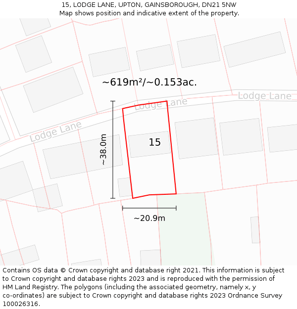 15, LODGE LANE, UPTON, GAINSBOROUGH, DN21 5NW: Plot and title map