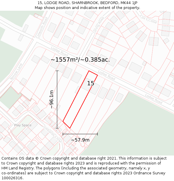 15, LODGE ROAD, SHARNBROOK, BEDFORD, MK44 1JP: Plot and title map