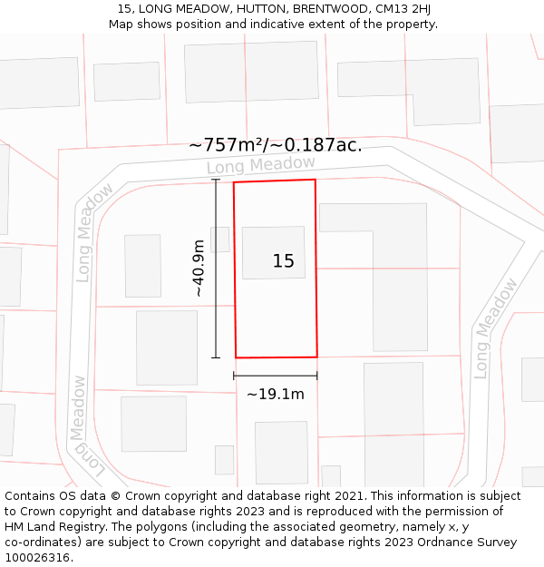15, LONG MEADOW, HUTTON, BRENTWOOD, CM13 2HJ: Plot and title map