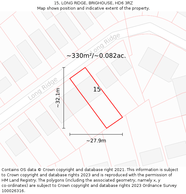 15, LONG RIDGE, BRIGHOUSE, HD6 3RZ: Plot and title map