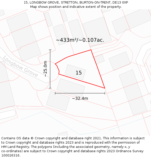 15, LONGBOW GROVE, STRETTON, BURTON-ON-TRENT, DE13 0XP: Plot and title map