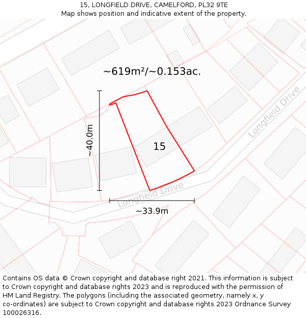15, LONGFIELD DRIVE, CAMELFORD, PL32 9TE: Plot and title map